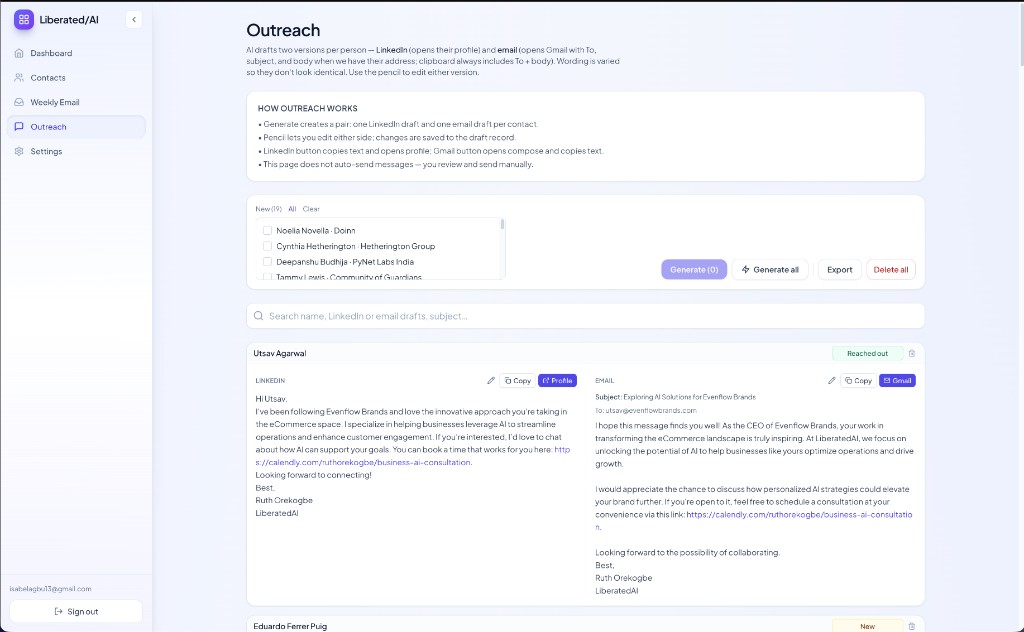 Liberated/AI outreach dashboard screenshot
